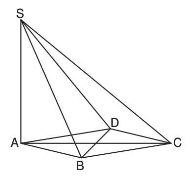 Dreidimensionale Geometrie-Skizze mit Punkten A, B, C, D und S, mehreren Verbindungs- und Diagonallinien.